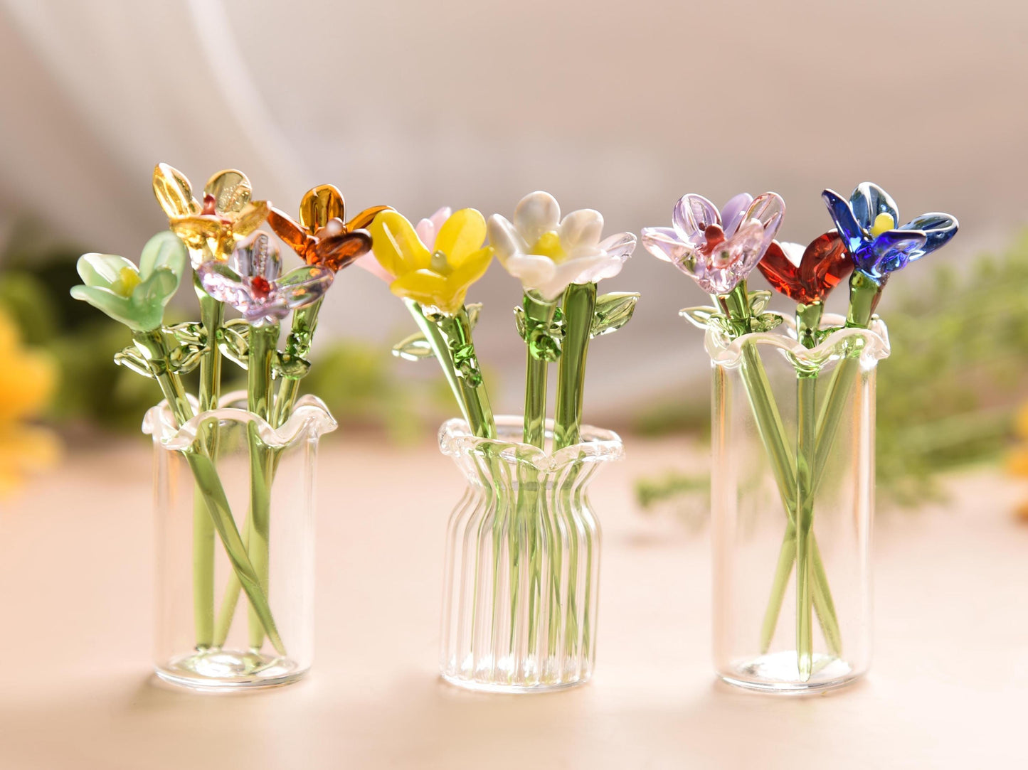 Mini Glass Flower Bouquet Set-birth Month Flowers, Handcrafted Glass Figurine, Mother’s Day Gift, Home Decor, Gifts For Her, Daisy Flower