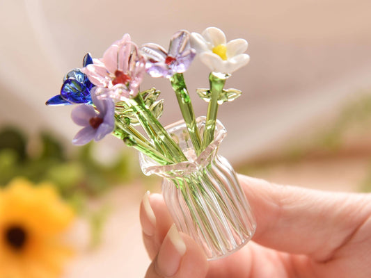 Birth Month Flowers-mini Glass Flower Bouquet Set,handcrafted Glass Figurine,mini Flower Figurine,home Decor Gift For Mom,glass Daisy Flower
