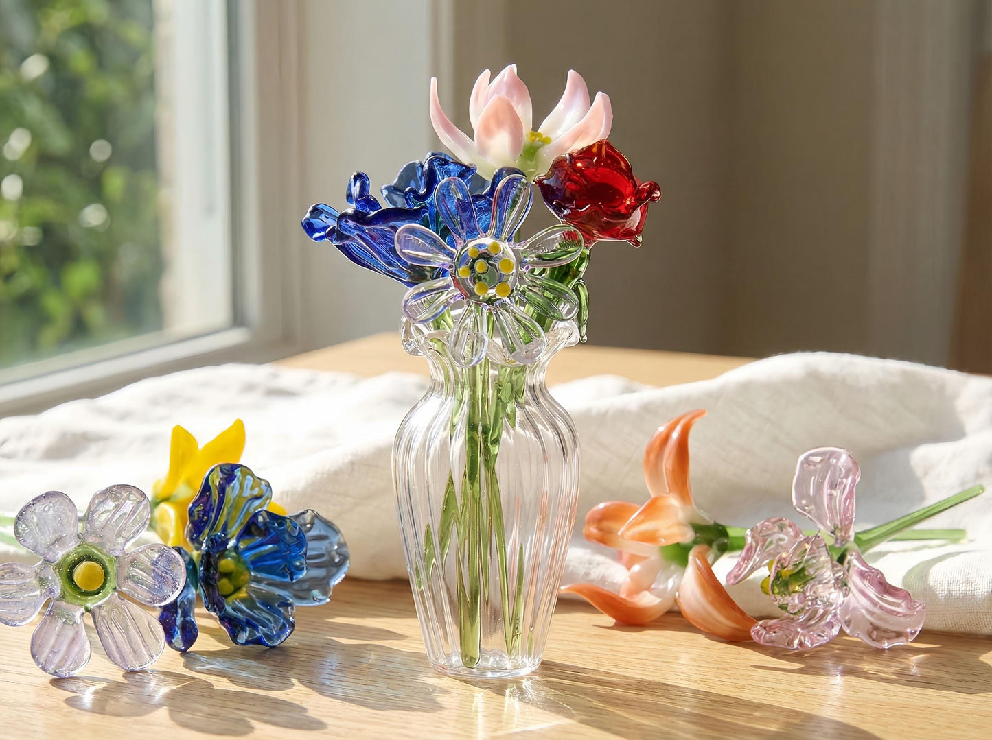 Mini Glass Birth Month Flower Bouquet Set, Hand Blown Birth Flower Stems + Bud Vase, Gift For Mom & Her, Valentine’s Day Gift
