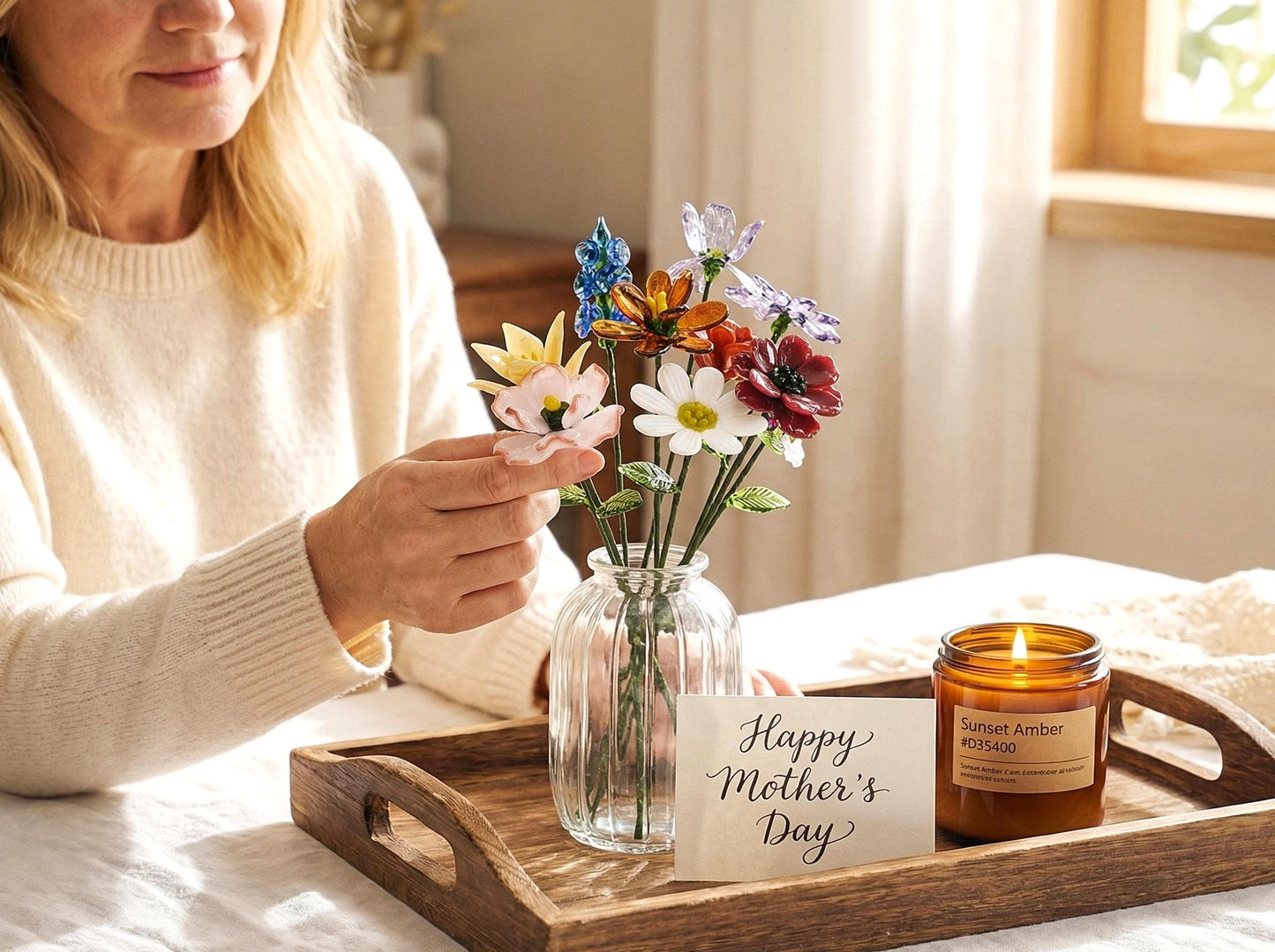 Handmade Glass Birth Month Flower Bouquet, Mothers Day Gift Ideas,personalized Blown Glass Flowers, Stained Glass Flower, Gift For Her