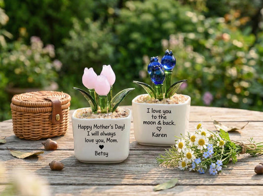 Glass Tulip Flower Pot For Mum, Mother’s Day Gift Ideas, Custom Glass Keepsake For Her, Gift From Daughter, Glass Sculptures Gift For Her